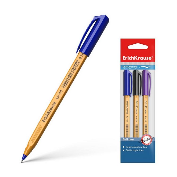 ErichKrause 37099EK-no Ручка шариковая ErichKrause U-11 Yellow Ultra Glide Technology в наборе из 3 штук: синяя, черная, фиолетовая, пакет, толщина линии 0,5 мм,