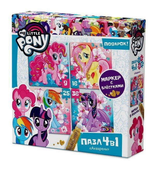 ORIGAMI 03431 Пазл My Little Pony 4в1 "Цветочные Пони" + глиттерный маркер, 9-16-25-36 детали