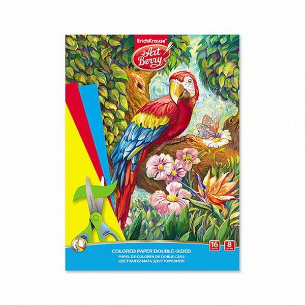 ArtBerry 47363ЕК Бумага цветная ArtBerry Попугай, двусторонняя в папке А4, 16 листов, 8 цветов, игрушка-набор для детского творчества