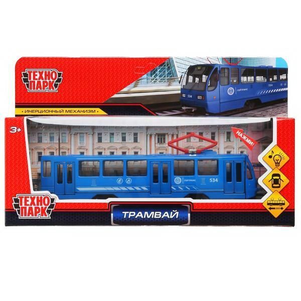 Технопарк TRAM71403-18SL-BU Трамвай инерционный, свет и звук, открываются двери, синий 18,5 см