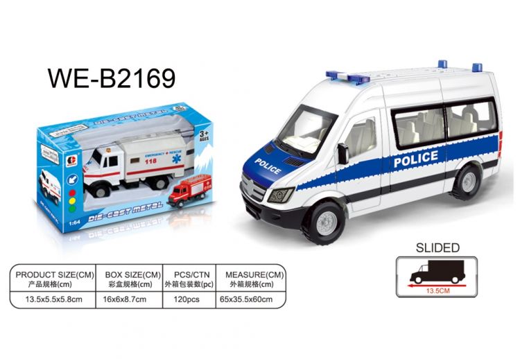 ABtoys (АБтойс) WE-B2169 Машинка-микроавтобус "Полиция", металлическая, с открывающими дверцами, 1:64, 13,52x5,5x5,8см