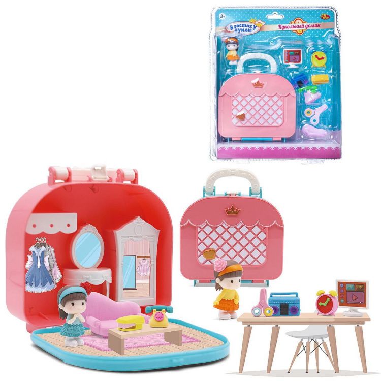 ABtoys (АБтойс) PT-01465/розовый Игровой набор Abtoys В гостях у куклы. Сумочка-трансформер и куколка, в наборе с аксессуарами, розовый