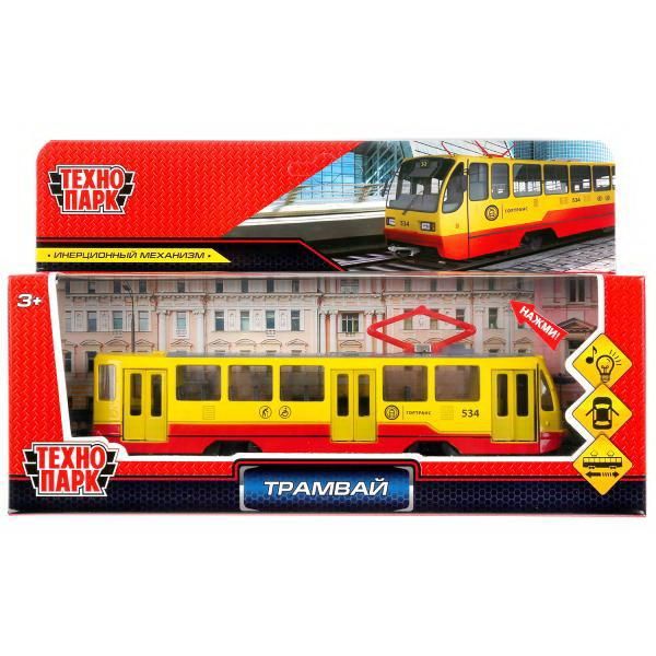 Технопарк TRAM71403-18SL-RDYE Трамвай инерционный, свет и звук, открываются двери, жёлтый 18,5 см