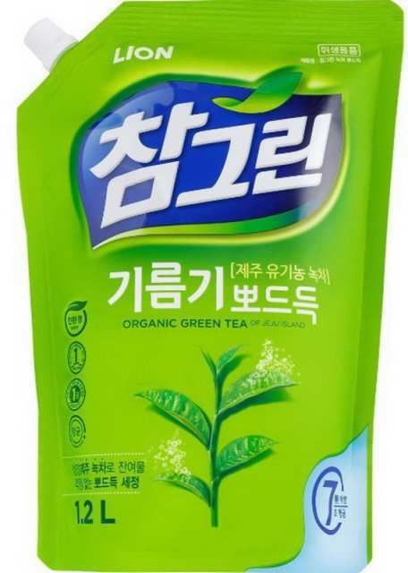 CJ LION 654935 CJ LION Средство для мытья посуды, овощей и фруктов "CHAMGREEN" Зеленый чай, в мягкой упаковке с крышкой, 1200 мл, Южная Корея