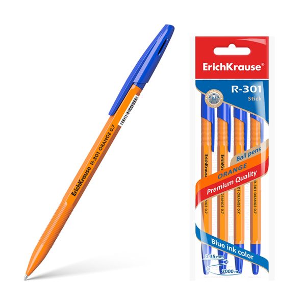 ErichKrause 22189 Ручка шариковая Orange R-301, в наборе из 4 штук, 0,7 мм, синие чернила