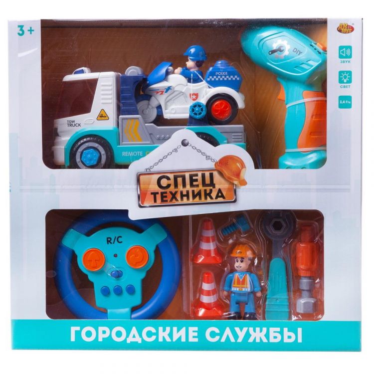 ABtoys (АБтойс) C-00442 Машинка-конструктор на радиоуправлении Abtoys Cпецтехника серия Городские службы Автовоз и полицейский мотоцикл, со звуковыми и световыми эффектами