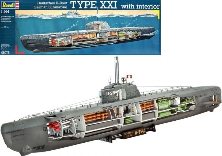 Revell 05078 Подводная лодка U-Boot Typ XXI с внутренней отделкой, немецкая