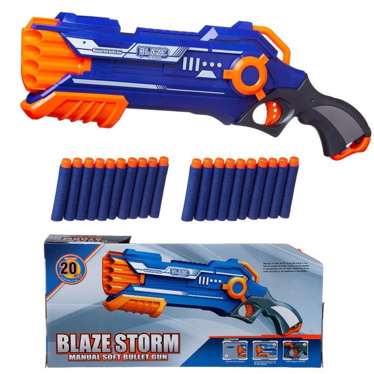 Junfa 7037A Бластер "Blaze Storm" синий с 20 мягкими пулями, механический, в открытой коробке