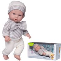 Junfa WJ-22514 Пупс Junfa Pure Baby в вязаных полосатой серо-белой кофточке с бантом, белых с серой полоской штанишках и шапочке, с аксессуарами, 30см