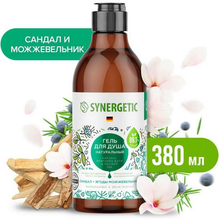 SYNERGETIC 400003 Гель для душа SYNERGETIC Сандал и ягоды можжевельника, биоразлагаемый 0,38л