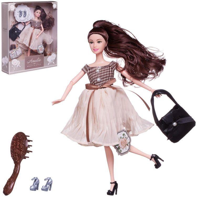 ABtoys (АБтойс) PT-01615 Кукла ABtoys "Amelia. Современный шик"в платье с плиссированной юбкой, черная сумка, темные волосы 30см