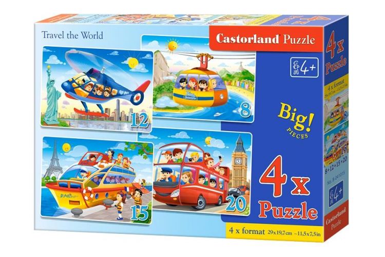 Castorland B-041015 Набор пазлов 4 в 1 Путешествия, 8*12*15*20 деталей