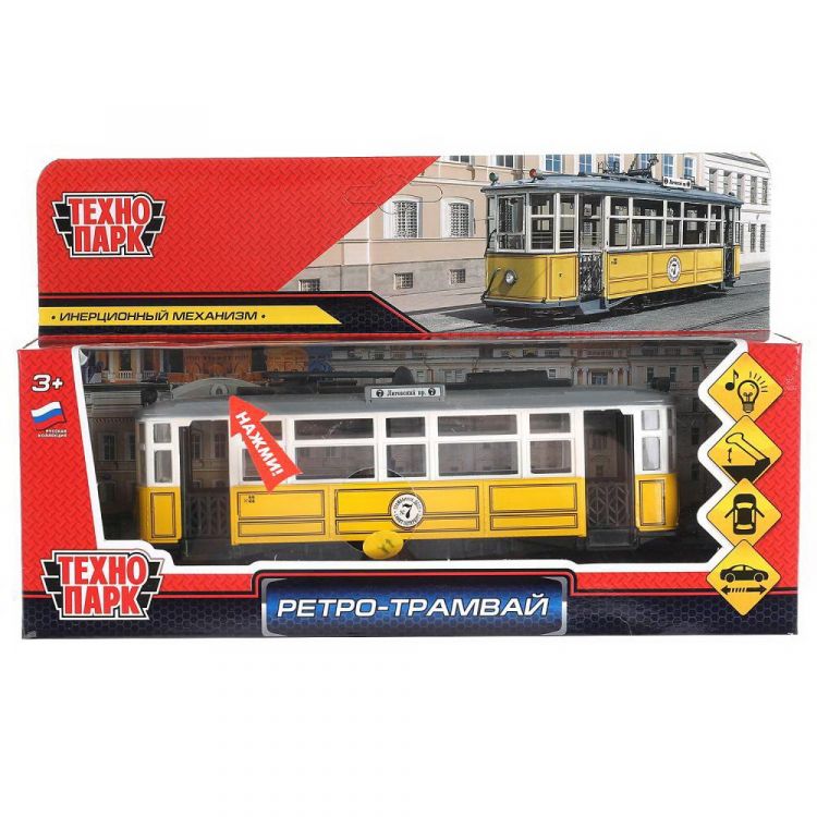 Технопарк TRAMMC1-17SL-YE Машинка Технопарк Трамвай Ретро свет и звук желтый 17 см