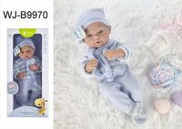JUNFA WJ-B9970 Пупс JUNFA Pure Baby 35см в голубом комбинезоне, шапочке с шарфом, в коробке, с аксессуарами