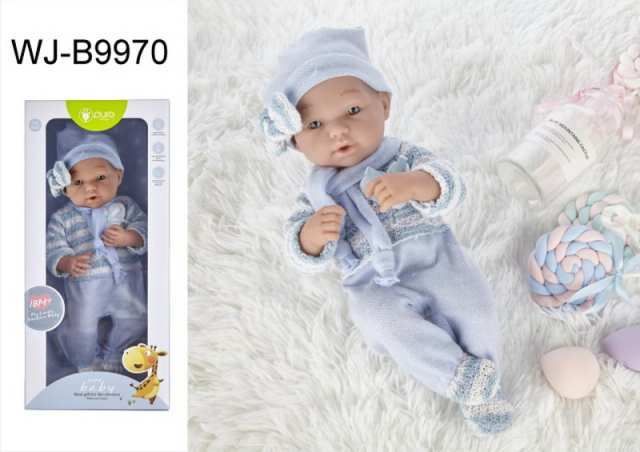 JUNFA WJ-B9970 Пупс JUNFA Pure Baby 35см в голубом комбинезоне, шапочке с шарфом, в коробке, с аксессуарами