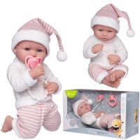 Junfa WJ-22517 Пупс Junfa Pure Baby в вязаных бело-розовых полосатых штанишках и шапочке-колпаке, серой толстовке, с аксессуарами, 35см