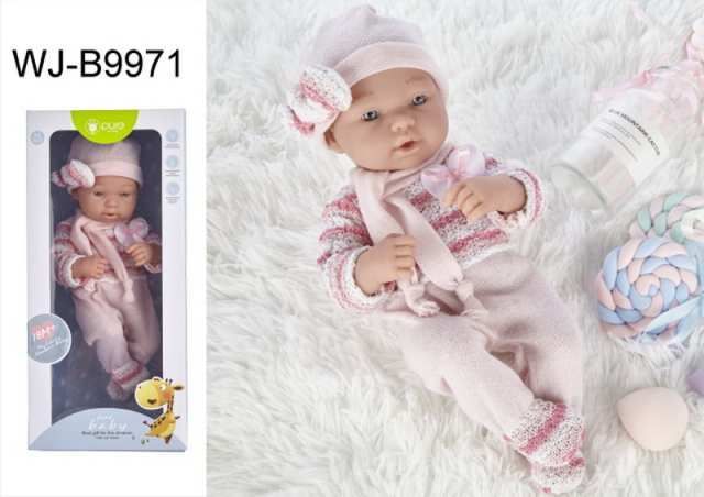 JUNFA WJ-B9971 Пупс JUNFA Pure Baby 35см в розовом комбинезоне, шапочке с шарфом, в коробке, с аксессуарами