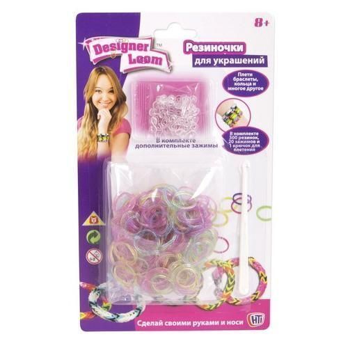 Designer loom 1372905 Цветные резиночки. Набор для плетения (300 резиночек, замочки, крючок), блестки