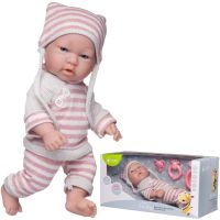Junfa WJ-22513 Пупс Junfa Pure Baby в вязаных бело-розовых полосатых кофточке, штанишках и шапочке, с аксессуарами, 30см