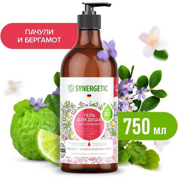 SYNERGETIC 400009 Гель для душа SYNERGETIC Пачули и ароматный бергамот, биоразлагаемый 0,75л