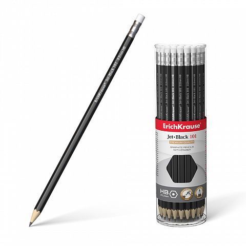 ErichKrause 45606ЕК Карандаш чернографитный шестигранный с ластиком ErichKrause Jet Black 101 HB (в тубусе по 42 шт.)