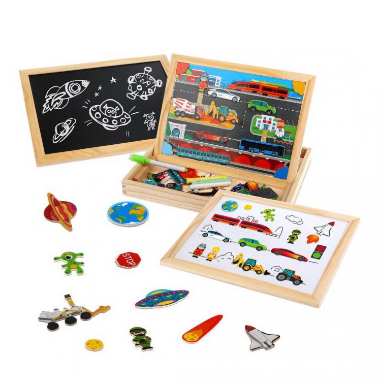 Mapacha 76841 Игровой набор Mapacha Бизи-чемоданчик Транспорт доска для рисования, меловая доска, фигурки на магнитах, 2 игровых фона, инструкция с готовыми играми