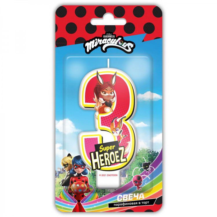 ND Play 292745 Свеча для торта ND Play Леди Баг и Супер-Кот, цифра 3 с героем, парафиновая, в блистере