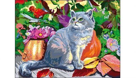 Рыжий кот Х-7952 Холст с красками 60х80 см по номерам. КОТЁНОК И ЦВЕТЫ